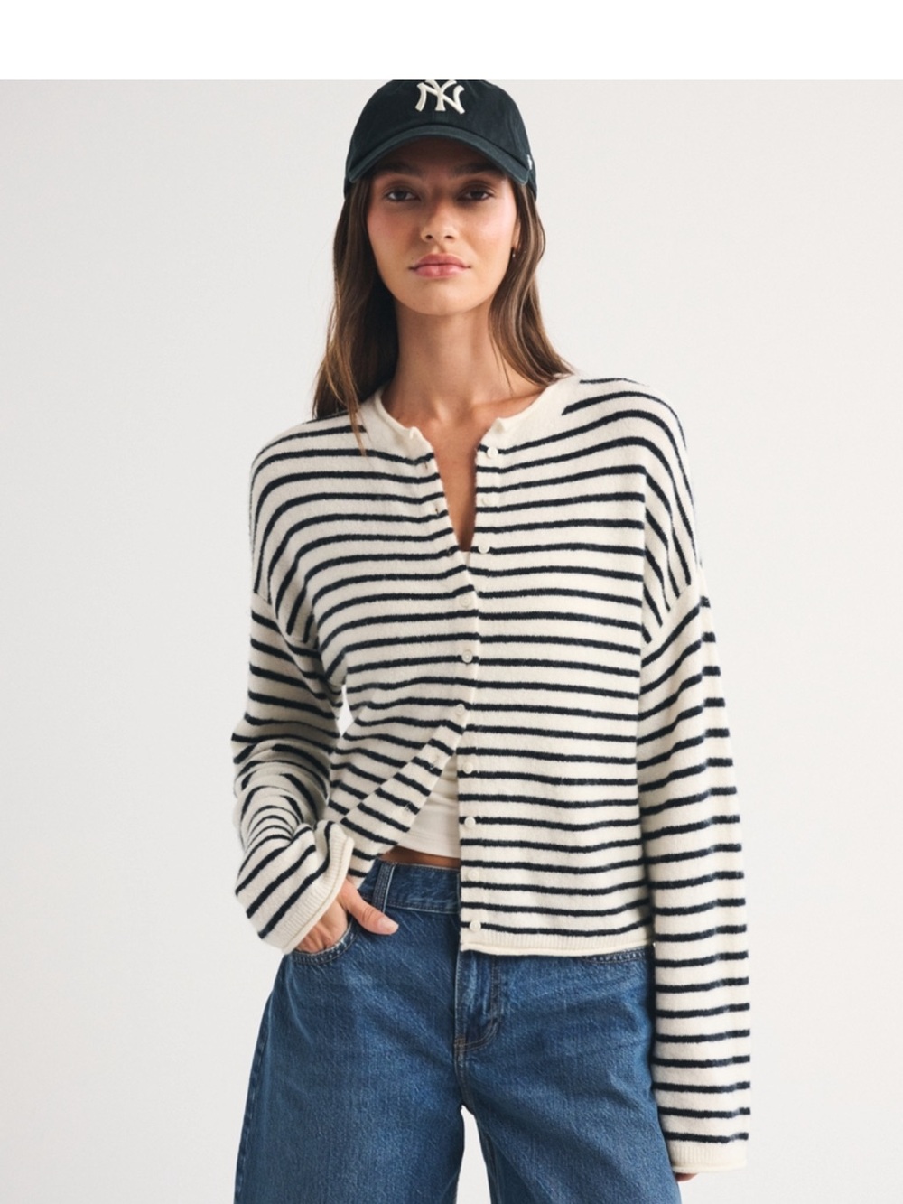 Abercrombie & Fitch Striped Button-Front Cardigan - Cream & Black